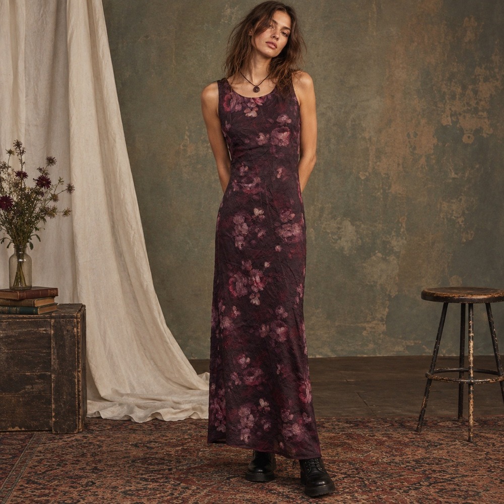 Molly Malloy Maxi Dress 6 Vintage 90s Floral Crinkle Grunge Boho Whimsigoth Fae